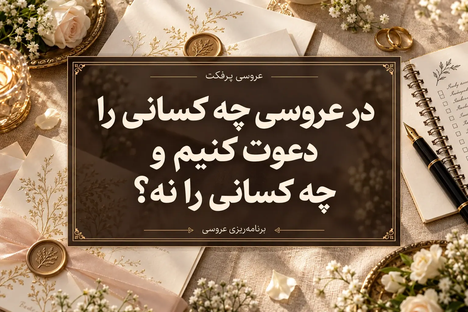 در عروسی چه کسانی را دعوت کنیم و چه کسانی را نه؟؛ تصویر قاب‌دار کارت‌های دعوت و دفتر برنامه‌ریزی عروسی