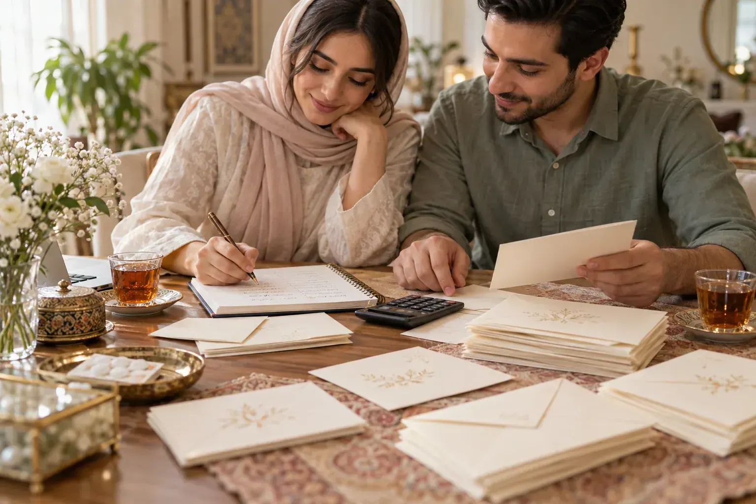 زوجی در حال تنظیم لیست مهمان‌های عروسی و بررسی کارت‌های دعوت و ظرفیت مراسم